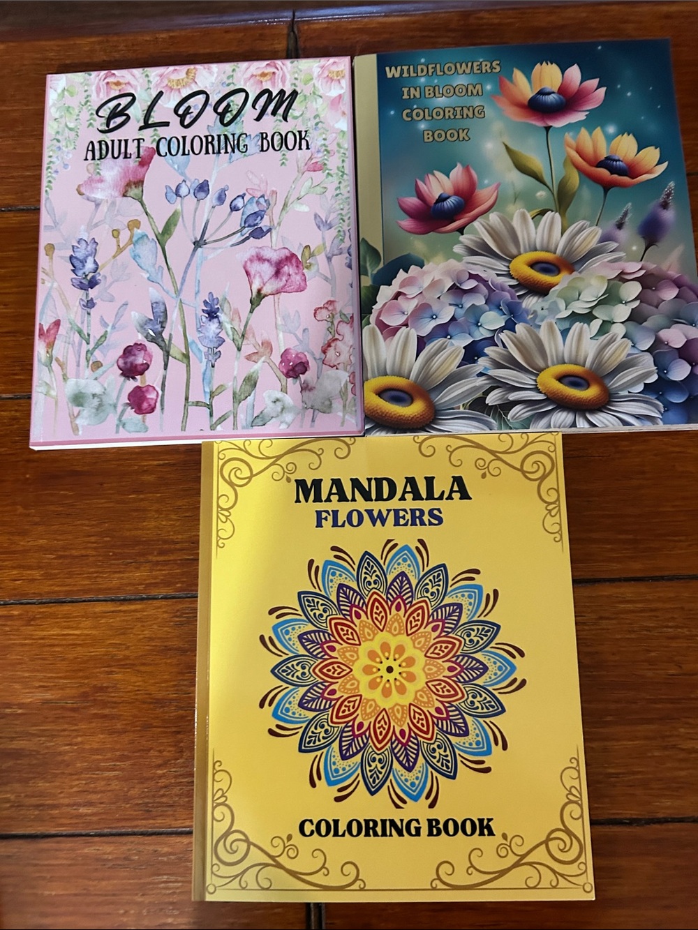 Bloom & Mandala Flowers Coloring Book Set - Pink, Yellow, Blue Covers